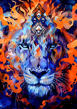 Abstract Lion Portrait with Geometric Crown