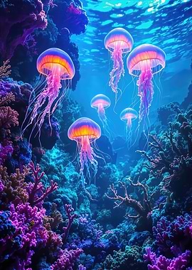 Neon Jellyfishes Above a Coral Reef