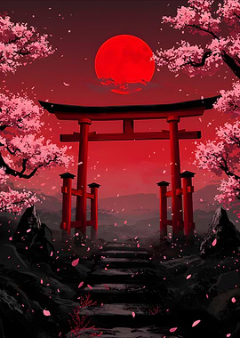 Japanese Torii Gate with Cherry Blossoms