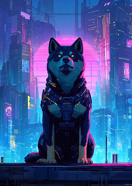 Cyberpunk Dog in Futuristic Cityscape