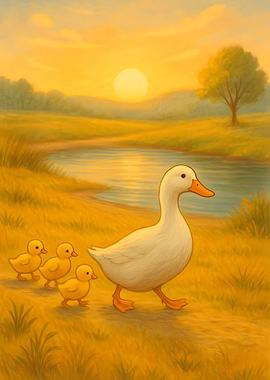 Mother Duck and Chicks at Sunrise – Peaceful Animal Family Wall Art.