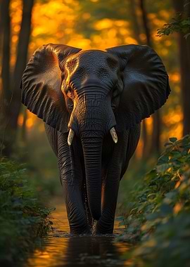 Elephant Walking Through Water at Sunset