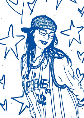 Blue Line Art: Woman with Stars