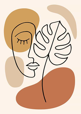 Minimalist Face with Leaf Line Art