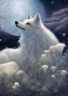 White Wolf Under Moonlight Wallart