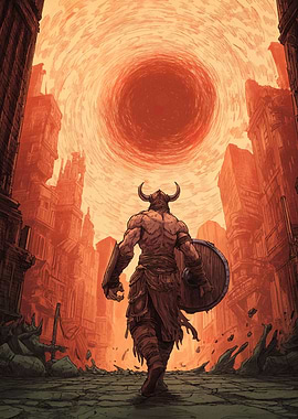 Warrior in a ruined city