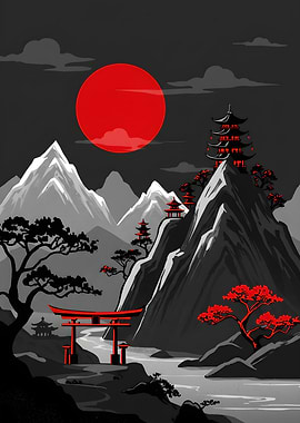 Japanese Landscape with Red Sun