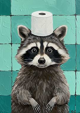 Raccoon with Toilet Paper Hat Painting