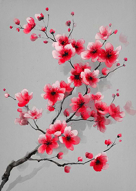 Red Cherry Blossom Branch Painting