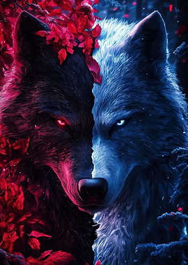 Dual Wolves Red and Blue