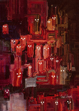 Abstract Red Figures with Glowing Eyes