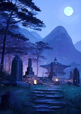 Nighttime Asian Temple Landscape Painting
