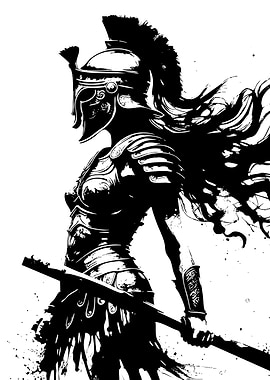 Warrior Woman in Armor, Black and White