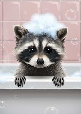 Raccoon in Bathtub with Bubbles