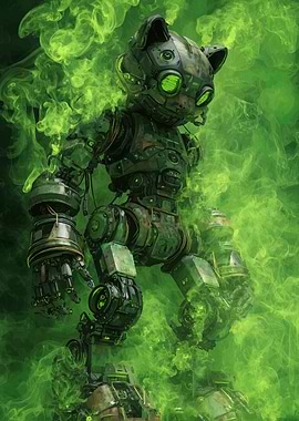 Cyberpunk Cat Robot in Green Smoke