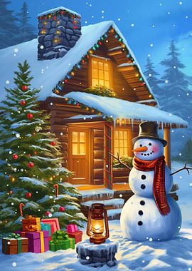 Winter Cabin Christmas Scene