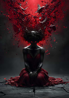 Red Dress Woman with Birds