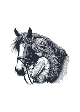 Girl and Horse Ink Drawing