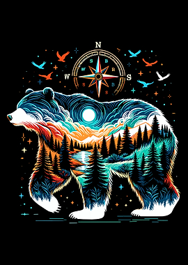 Bear Silhouette Landscape Compass