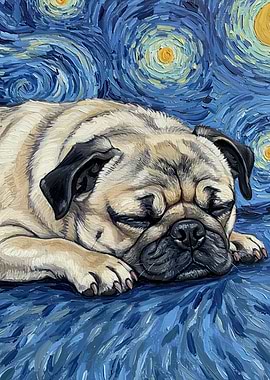 Pug Sleeping Starry Night Painting