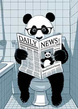 Panda Reading Newspaper on Toilet