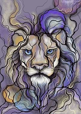 Blue-Eyed Abstract Lion with Vibrant Geometric Accents