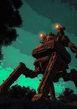 Wooden Robot Walker at Night