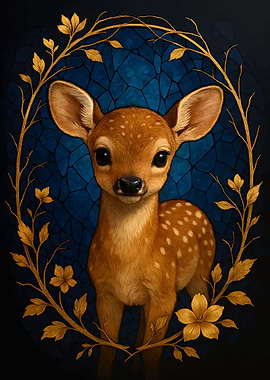 Fawn Portrait with Golden Floral Frame