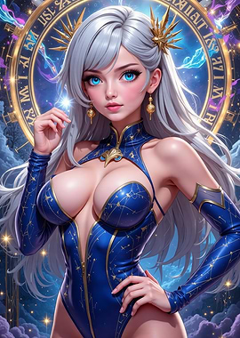 Anime Girl with Celestial Clock Background