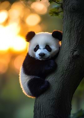 Cute Panda Cub Climbing Tree