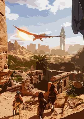 Fantasy Desert Landscape with Dragon