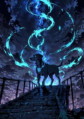 Mystical Spirit Dog on Bridge with Lightning