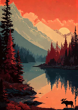 Mountain Lake Landscape with Moose