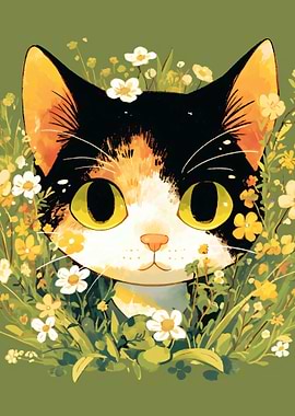 Calico Cat in Flowers Illustration