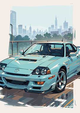 Light Blue Car with Cityscape Backdrop