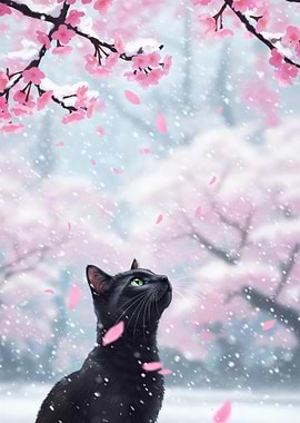 Black Cat Under Cherry Blossom Snow