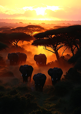 Elephants at Sunset in African Savannah