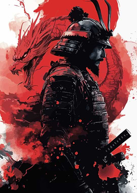 Samurai and Dragon in Red and Black