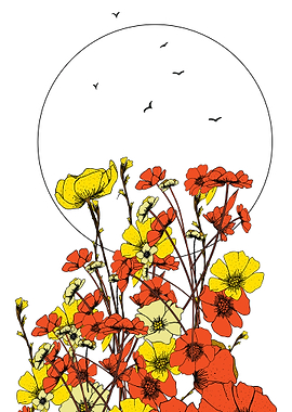 Floral Illustration with Birds and Circle