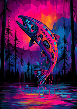 Colorful Salmon Leaping in Forest