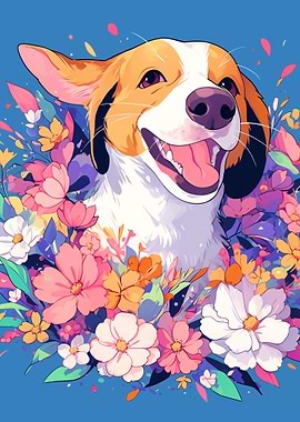 Happy Dog Surrounded by Flowers