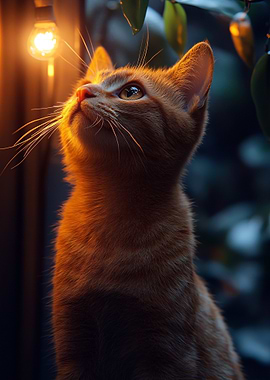 Ginger Cat Gazing at Light