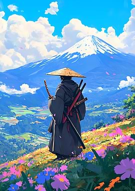 Samurai with Mount Fuji in background