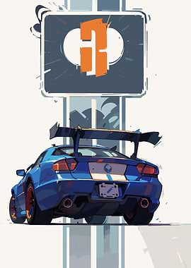 Blue Sports Car with Orange Accents