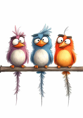 Three Cartoon Birds on a Branch