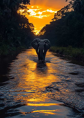 Elephant crossing river at sunset