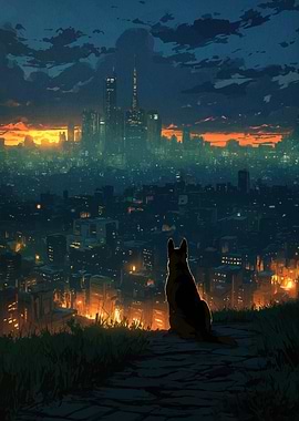 Dog overlooking futuristic cityscape at night