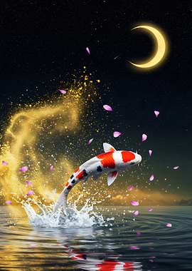 Koi Fish Leaping Under Crescent Moon