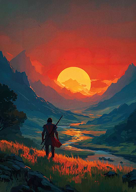 Fantasy Landscape with Figure at Sunset