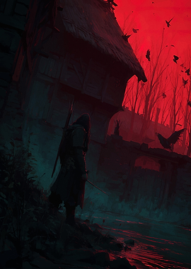 Dark Fantasy Landscape with Hooded Figure